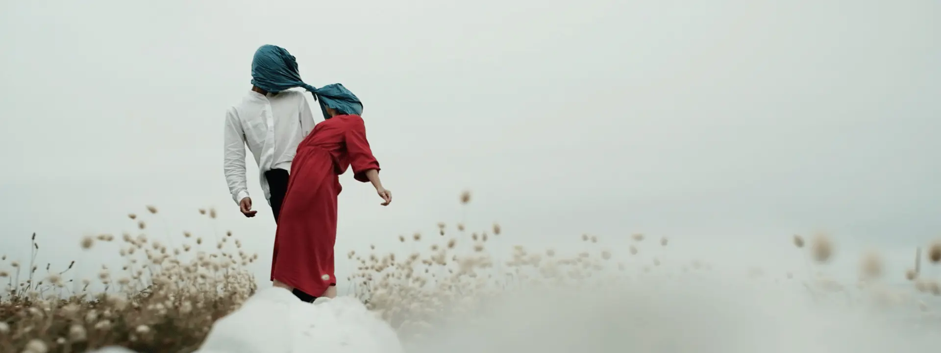 Sur cette image on voit deux personnes enlacées et accrochées par la tête avec du plastique. Elles sont au milieu d'un champ et il y a des nuages.
