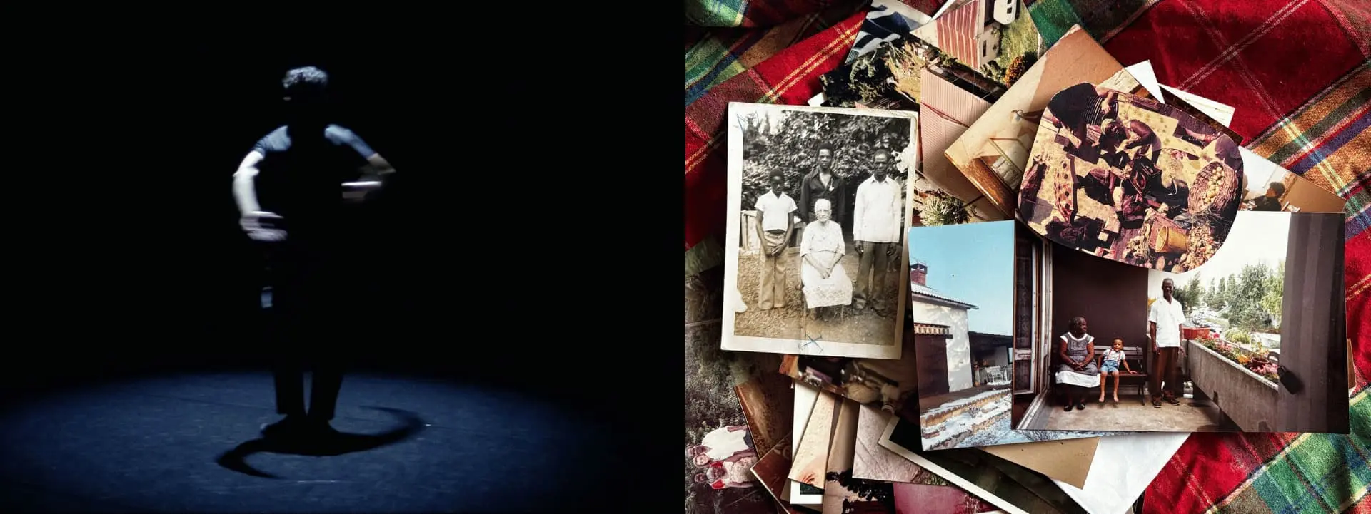 A gauche de l'image c'est un danseur qui tourne sur lui-même. Il est dans l'obscurité. Seule une lumière ronde au dessus de lui projette une ombre de ses bras créant une spirale au sol. A droite ce sont des photos des famille les unes sur les autres et à côté les unes des autres. On remarque que ce sont des photos de famille de personnes antillaises. Les photos sont sur fond de madras.
