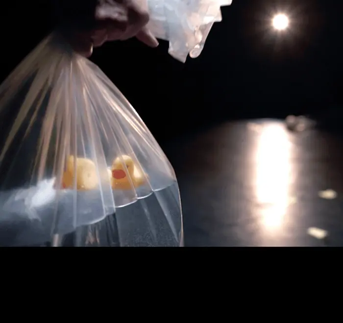 A gauche, il y a une main qui tient un sac plastique rempli d'eau où des canards en plastique flottent. C'est au premier plan de l'image. Au second plan en flouté, il y a un plateau de théâtre avec une lumière qui s'y reflète de manière circulaire.