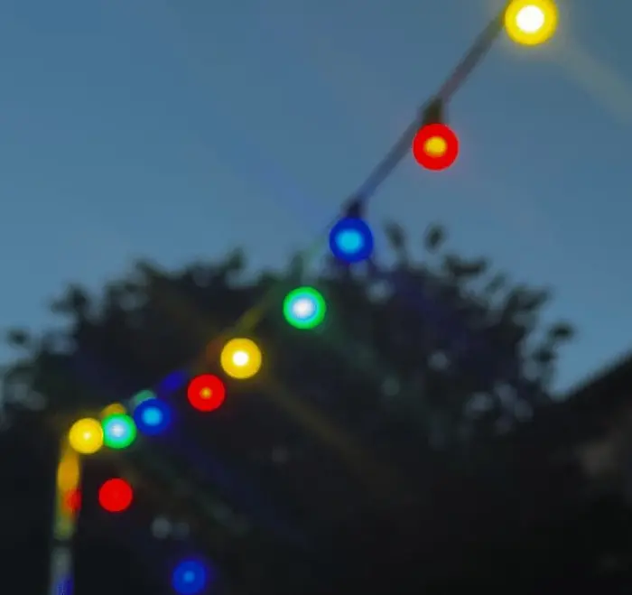 C'est une guirlande avec de grosses ampoules en fondu. C'est en extérieur car il y a un grand arbre derrière. On dirait une guirlande de guinguette.