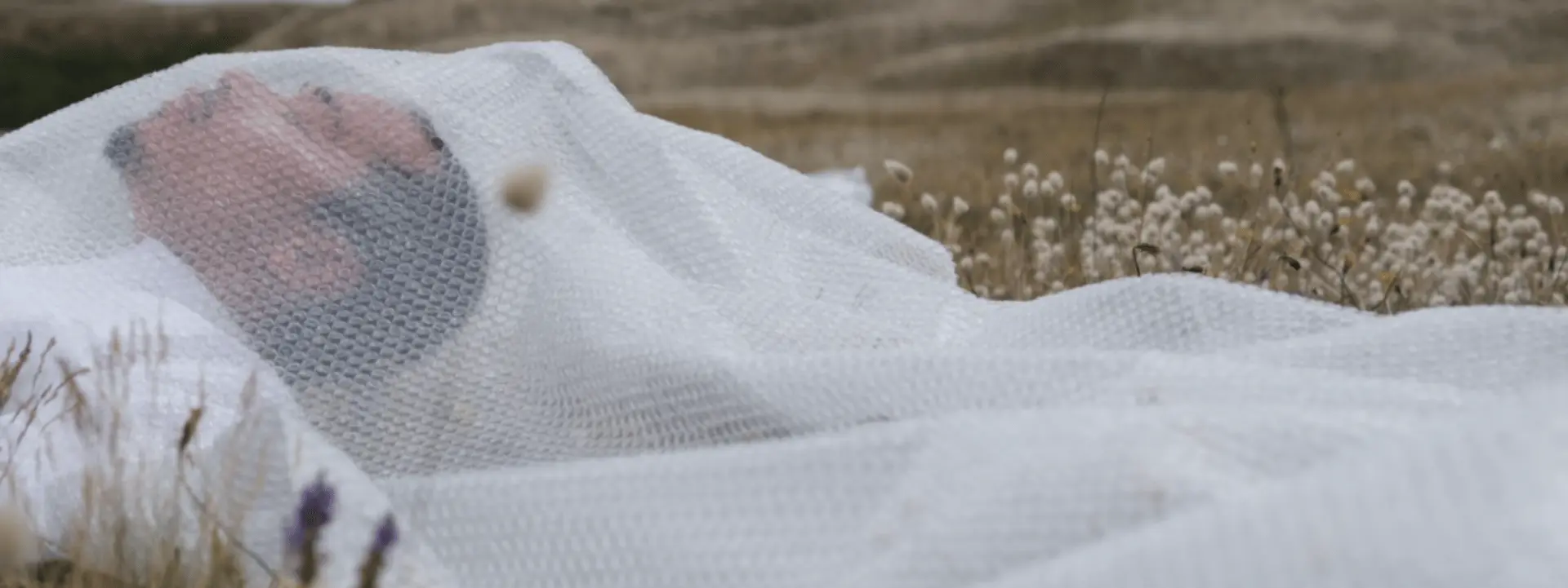 Sur cette image on voit un homme couché dans un champ. Il a les yeux fermés et est recouvert d'un plastique blanc
