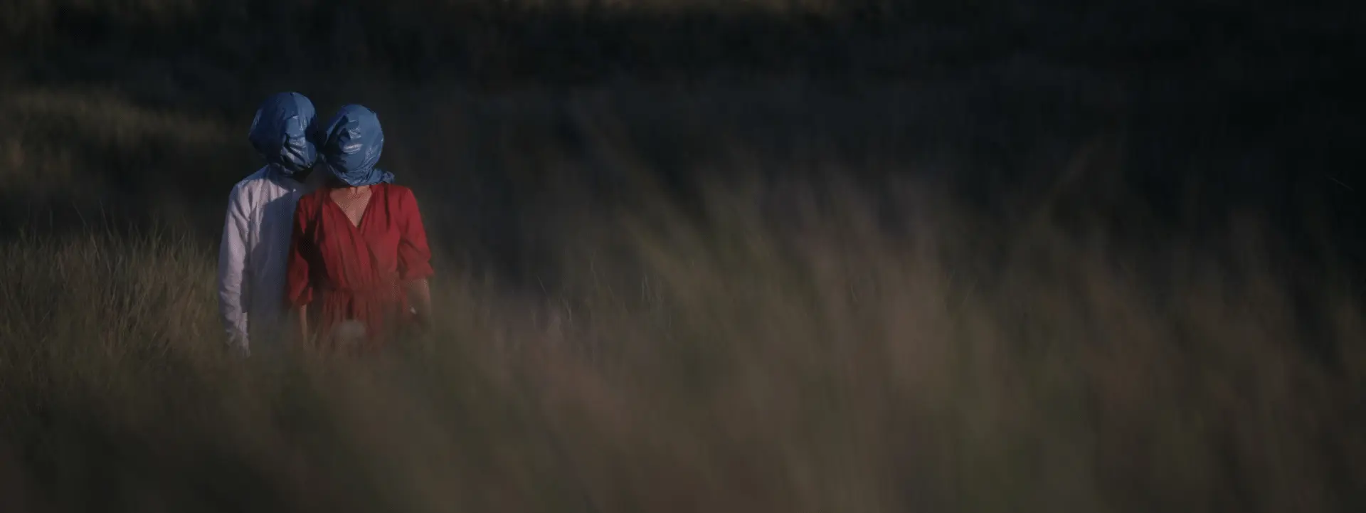 Dans un champ avec des herbes hautes, 2 personnes se tiennent debout. Elles sont très proches, reliées entre elles par un sac plastique bleu qui recouvre leurs têtes. La femme, vêtue d'une robe rouge, se trouve juste devant l'homme,  qui porte une chemise blanche.