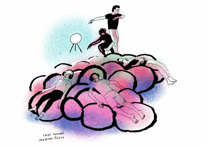 Cette image est une illustration de l'installation Corps Sonores. Elle représente des personnes couchées sur des coussins de forme ronde, avec des casques sur les oreilles. Deux personnes dansent autour d'eux.