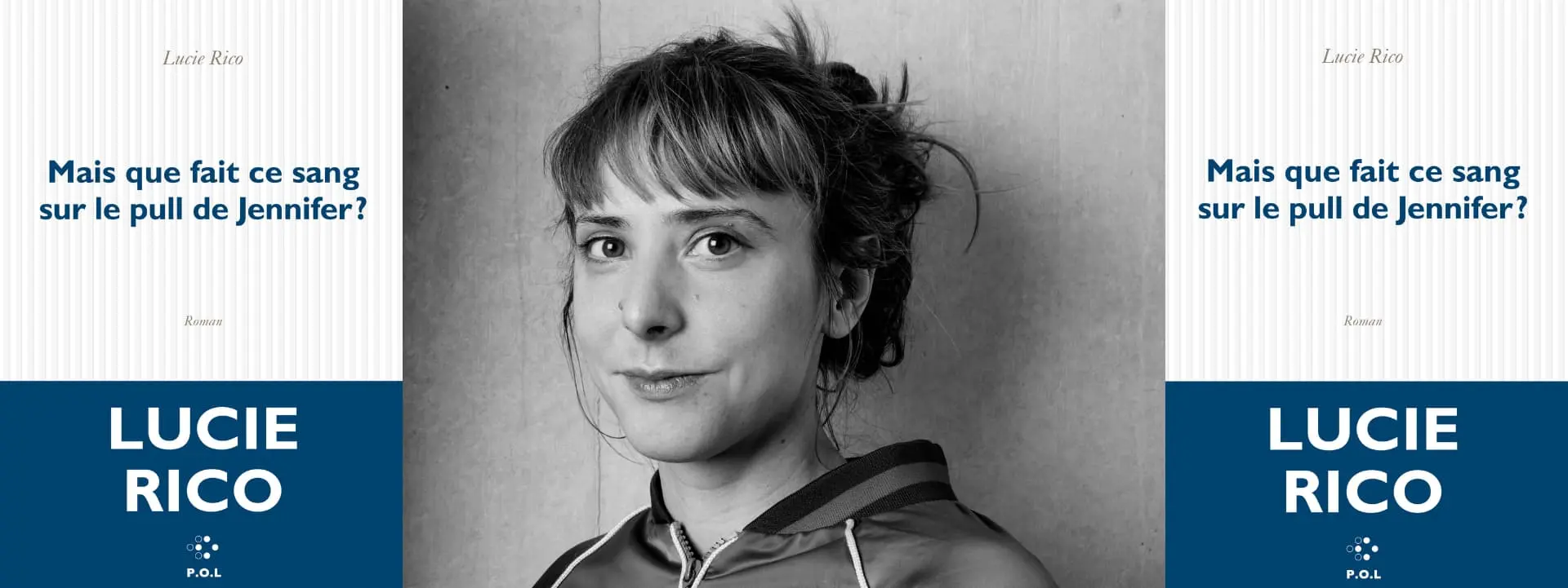Le portrait de Lucie en noir et blanc est encadré par la couverture de son nouveau roman qui s'intitule Mais que fait ce sang sur le pull de Jennifer ?