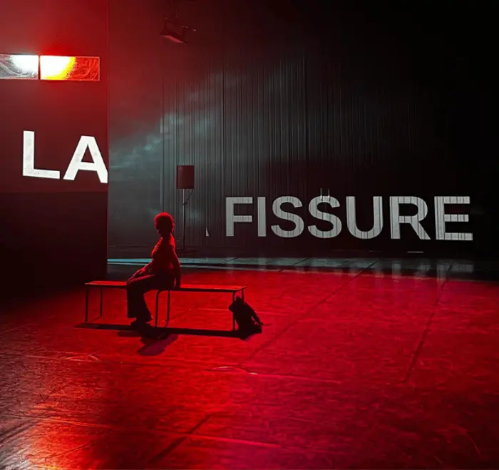 Sur cette image on voit une personne assise sur un banc. La lumière est rouge. En arrière plan, l'écriture "La fissure" est projetée en blanc sur un fond sombre. 