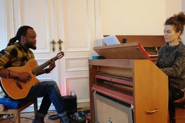Sammy Baloji and Fiston Mwanza Mujila in residence at KVS, Brussels, 2023.