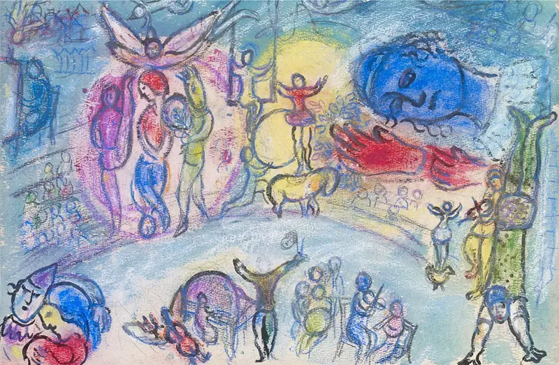 Marc Chagall, Esquisse pour Le Grand Cirque,circa 1956, pastel, lavis de gouache, encre de Chine et graphite sur papier vélin, 44,5 x 65,5 cm,coll. part. © Archives Marc &Ida Chagall - Paris, ADAGP, 2026